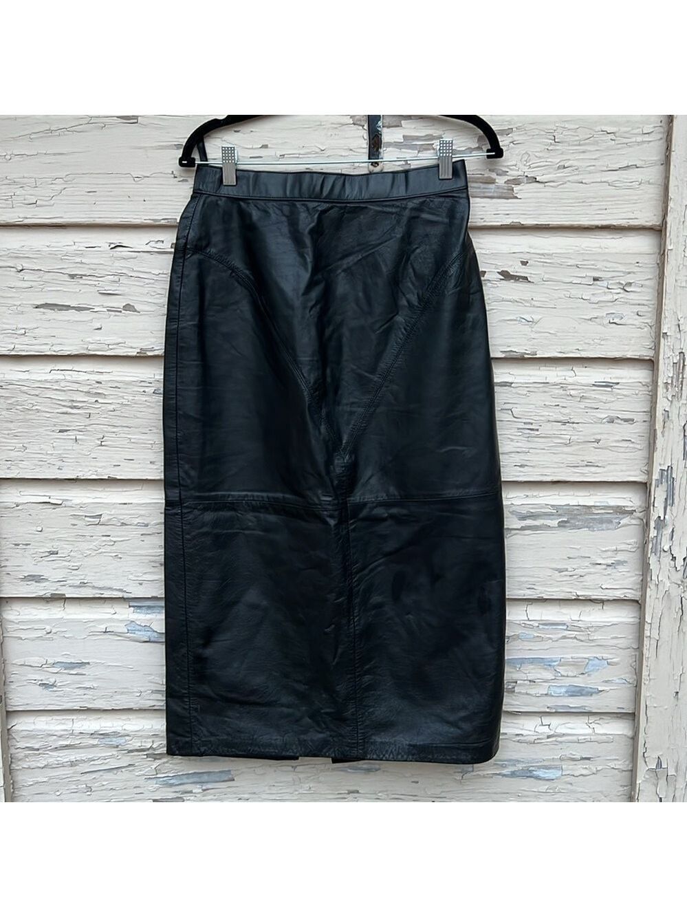 Vintage G-III  Biker Core Black Leather Pencil Wiggle 80s Midi Skirt 11/12